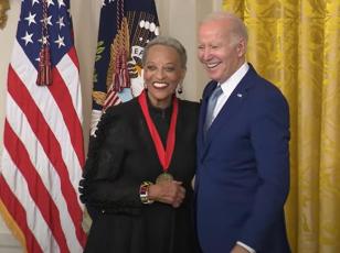 Johnnetta Betsch Cole receives the National Humanities Medal from President Biden. Submitted photo